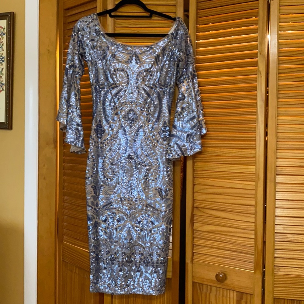 Betsy and Adam blue and nude sequin dress